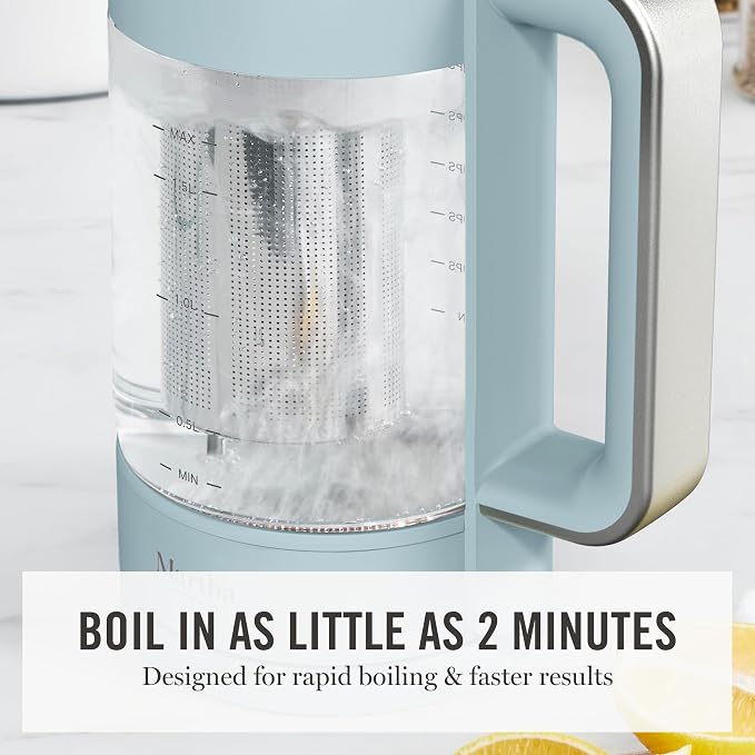 Martha Stewart 1.7L Glass Carafe Electric Kettle with Removable Tea Infuser | 7 Cups, 4 Presets, Rapid Boiling, Stainless Steel Tea Leaf Infuser, Cordless Swivel Base, Keep Warm, Auto Shut-Off, Sky Blue