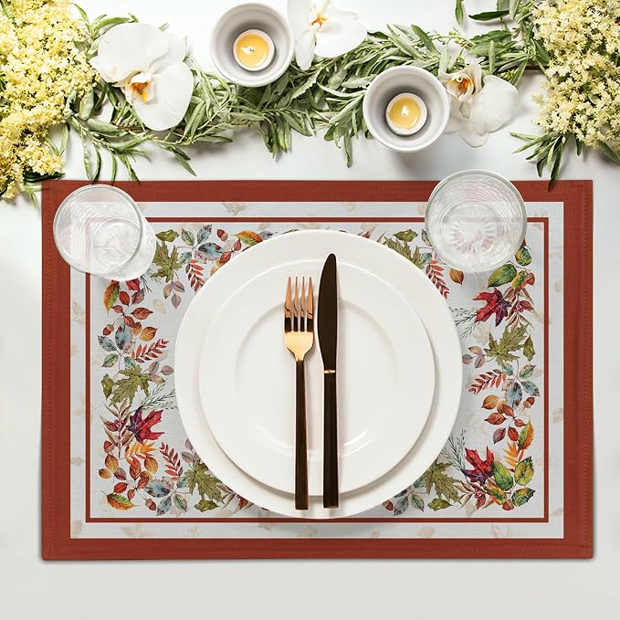 Fall Leaves Placemats Set of 4，Autumn Harvest Maple Leaves Farmhouse Tabletop Mat 12 x 18 Inch Washable Heat Resistant Thanksgiving Decor Table Place Mats for Dining Kitchen Home Party Outdoor
