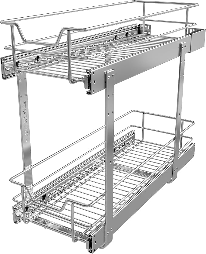 2 Tier Pull Out Cabinet Organizer 9" W X 22" D, Chromed, Full Slide Out | For Kitchen Organizers and Storage, Pull Out Drawers For Cabinets Capacity Heavy Duty Caddy, Cabinet Shelves, Bathroom Pantry