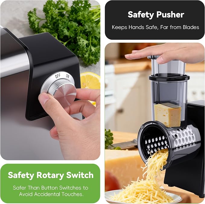 Electric Cheese Grater 7 in 1,Stainless Steel Salad Shooter,Slicer Shredder | 300W, Rotary Switch, for Block Cheese Vegetables Cucumber Carrot