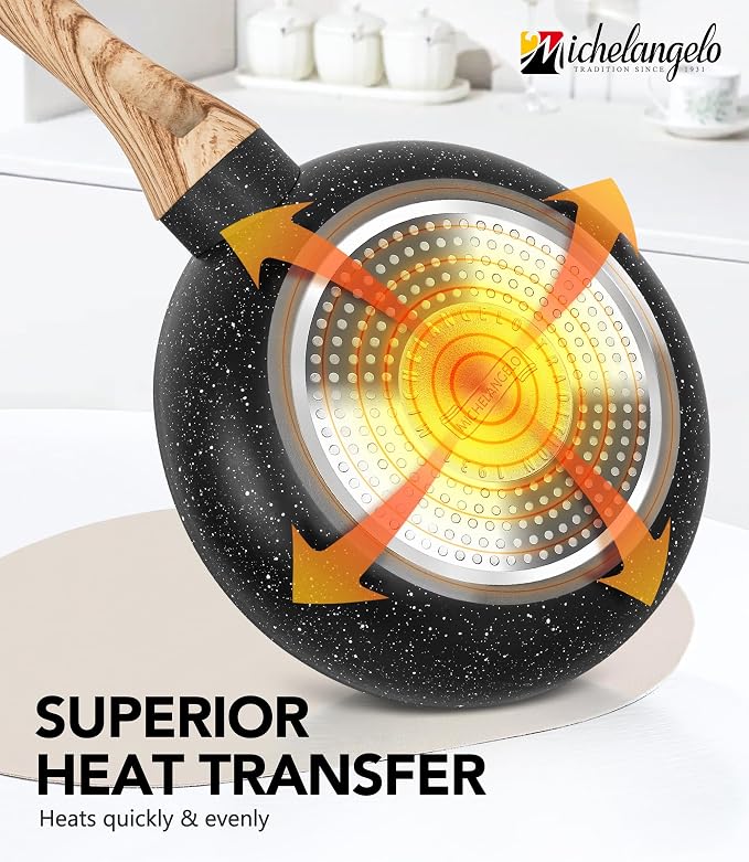 MICHELANGELO 10 Inch Frying Pan with Lid, Nonstick Frying Pan with Healthy Granite Coating, Nonstick Pan with Anti-Scald Handle, Induction Compatible