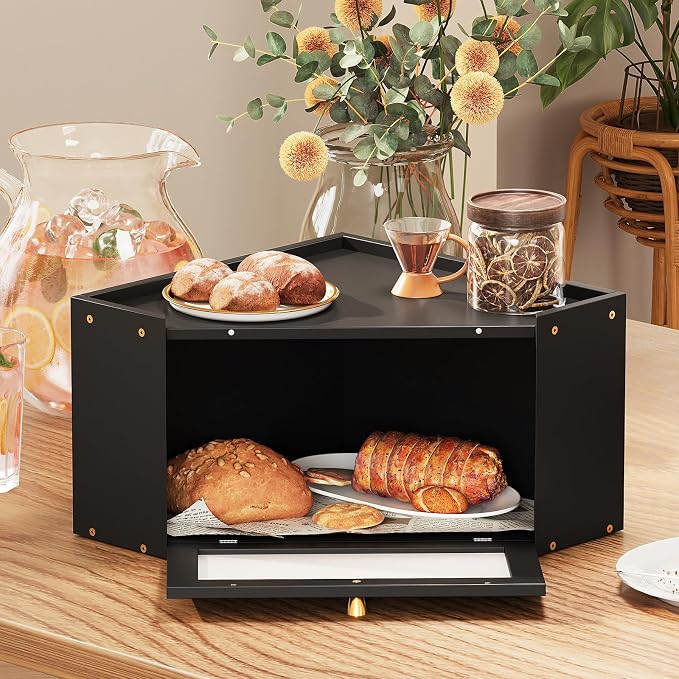 Trironsun Bread Box for Kitchen Counter Van Gogh Inspired Starry Night Cat Bread Storage Container with Acrylic Door Cute Baker Cat Design Unique Breadbox Organizer (Black, 1 Layer)