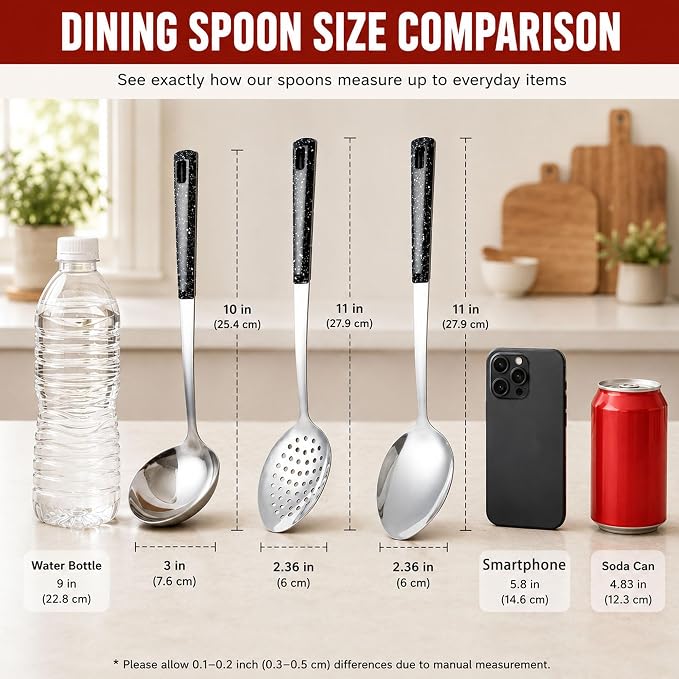 Stainless Steel Serving Spoons Set | Large Serving Spoons with Ladle & Slotted Spoon, Metal Serving Spoons for Buffet, Soup, Rice, Commercial & Home Kitchen