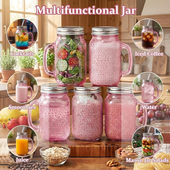 DaYammi 6 Pack 24oz Hobnail Mason Jars Cups Drinking Glass Cups with Lids & Straws, Pink Wide Mouth Mason Jars Cups with Handle, Tumblers for Coffee Smoothies, Iced Tea, Juice, Beer, Cocktail, Whiskey