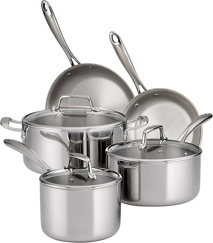 Tramontina Boston Tri-Ply Clad Stainless Steel 8-Pc Pots and Pans Set | Cookware Kitchen Set with Glass Lids, Induction-Ready, Dishwasher-Safe, NSF-Certified