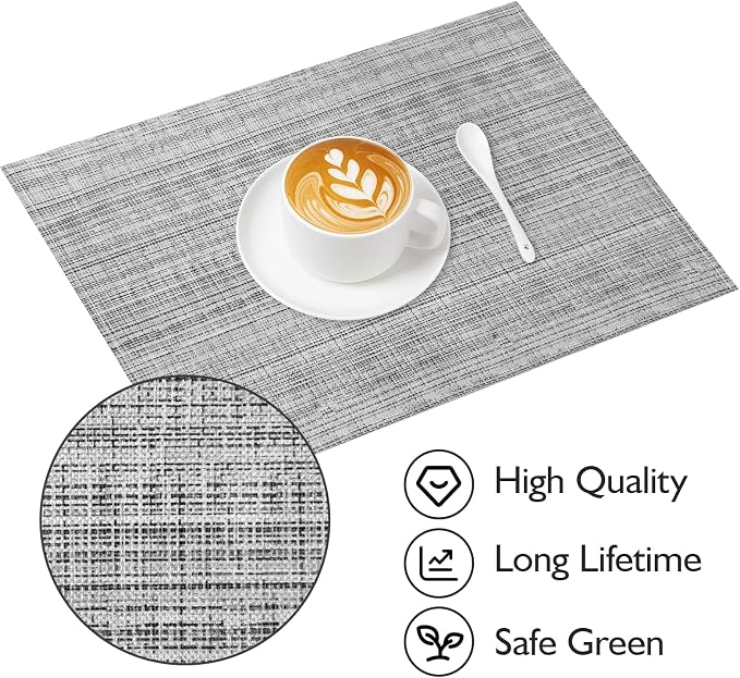 Grey Placemats Set of 4, 12x18 Inch Washable Easy to Clean Heat-Resistant Anti-Skid Grey Placemats for Holiday Party Kitchen Dining Room Decoration