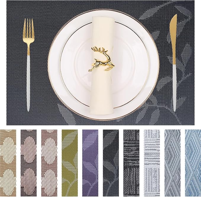Leaf Placemats Set of 4 Non-Slip Heat-Resistant Vinyl Washable Place Mats for Kitchen Table Indoor Outdoor Durable (18"x12", Black)