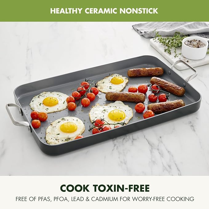 GreenPan Valencia Pro 18" x 11" Ceramic Nonstick Double Burner Griddle Pan | PFAS-Free Nonstick, Induction Ready, Compatible with all Stovetops, Hard Anodized, Gray, Dishwasher Safe, Oven Safe to 600F