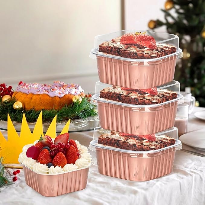 60Pack 5oz Champagne Mini Cake Pans with Lids Baking Cups Aluminum Foil Pans Tins, Individual Dessert Cups Containers for Sales,Party,Picnics