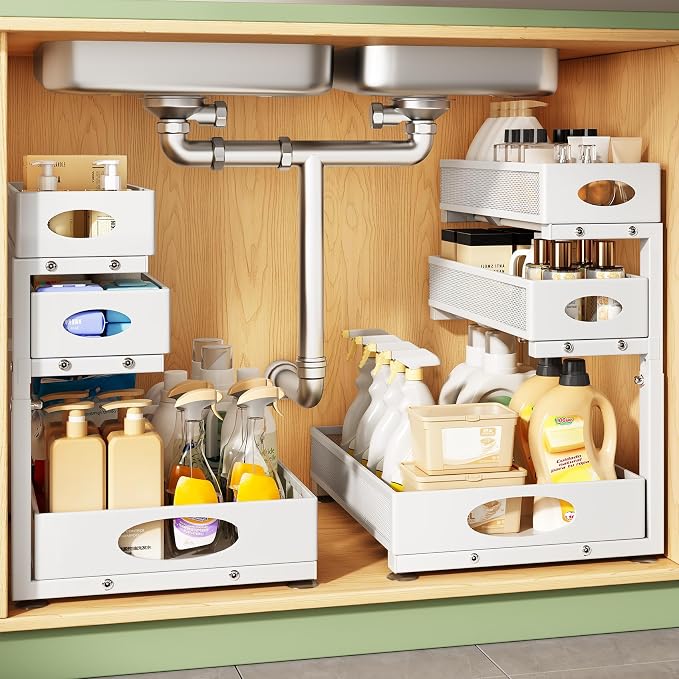 Kitstorack Under Sink Organizer 3-Tier Slide Out Drawer for Bathroom 2-Pack | Height Adjustable, Metal Mesh Storage Rack, Pull out Cabinet Organizer Shelf for Kitchen Pantry Home Laundry Organization