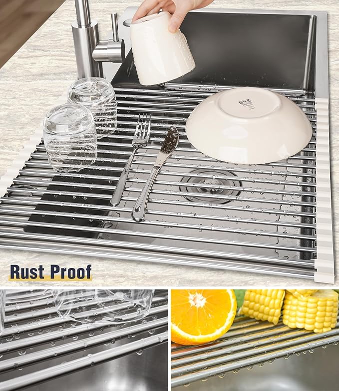 Tomorotec Roll Up Dish Drying Rack Over Sink, 304 Steel, 21x15.5, White | Anti-Slip Silicone Rims For Grip, Heat-Resistant Trivet Mat Holding Heavy Cookware, Rustproof Kitchen Counter Space Saver