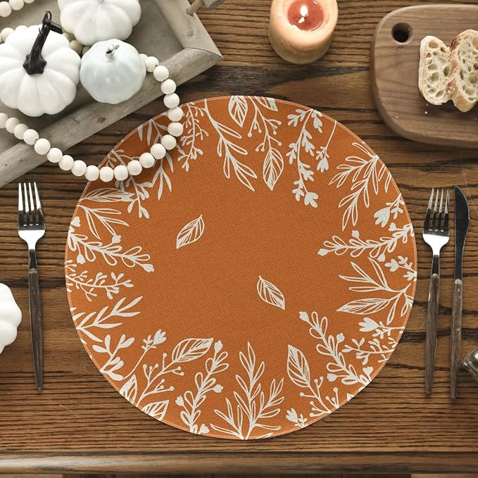 Artoid Mode Eucalyptus Leaves Round Fall Placemats Set of 6-14 Inch | Heat-Resistant, Washable Table Mats, Seasonal Autumn Kitchen Dining Decor