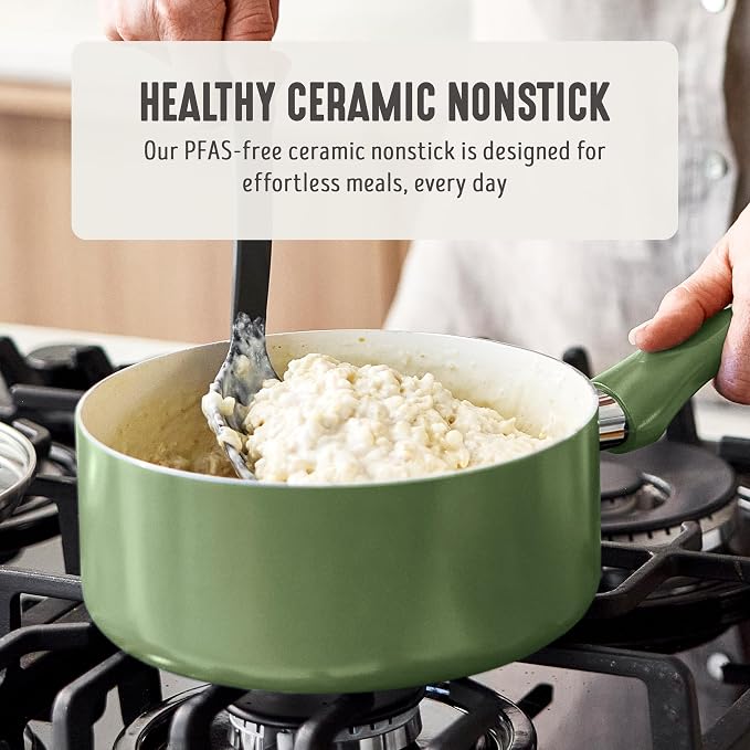 GreenLife 2QT Ceramic Nonstick Saucepan with Lid, Sage Green | PFAS-Free Ceramic Nonstick Coating, Soup Pot, Induction Ready, All Stovetop Compatible, Stay-Cool Handles, Dishwasher Safe