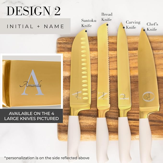Personalized Gold Knife Set with Self-Sharpening Block – Make It Uniquely Yours with Custom Engraving on Luxurious White and Gold Knives – Personalized Gift for Weddings, Birthdays, Anniversaries