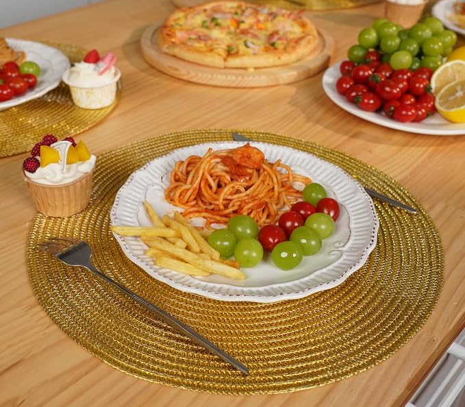 Zupro Round Golden Placemats Set of 6 Braided 15" Indoor/Outdoor Use | Heat Resistant Non-Slip Washable,for Kitchen Dining Tables Dinner Parties Thanksgiving Christmas and Everyday Use.