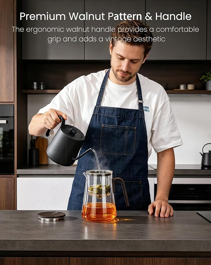 ZENS Magic Teapot with Infuser and Magnetic Lid for Loose Tea Maker, 34oz | Glass Magnetic Teapot, Echanted Tea Pot with Infusers for Loose Tea Steeper, Tea Lovers Gift, Black Walnut Pattern