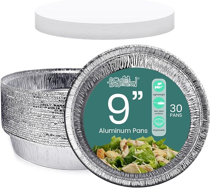 Round Aluminum Pans with Lids (30 Pack) - 9 Inch Disposable Pie Pans - Round Aluminum Foil Pans For Baking, Grilling, Cooking, Storing, Prepping - Pie Tins with Lids
