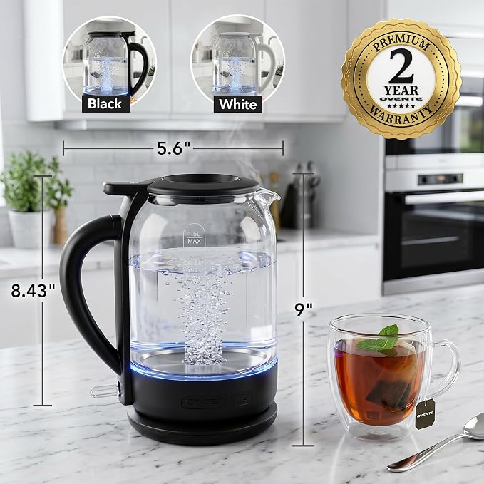 OVENTE 1.5L Glass Electric Kettle Water Boiler, Black KG516B | 1500W Fast Boiling, Easy Fill Lid, Stainless Steel Filter, LED Indicator, Auto Shut-Off, Boil-Dry Protection, 360° Base
