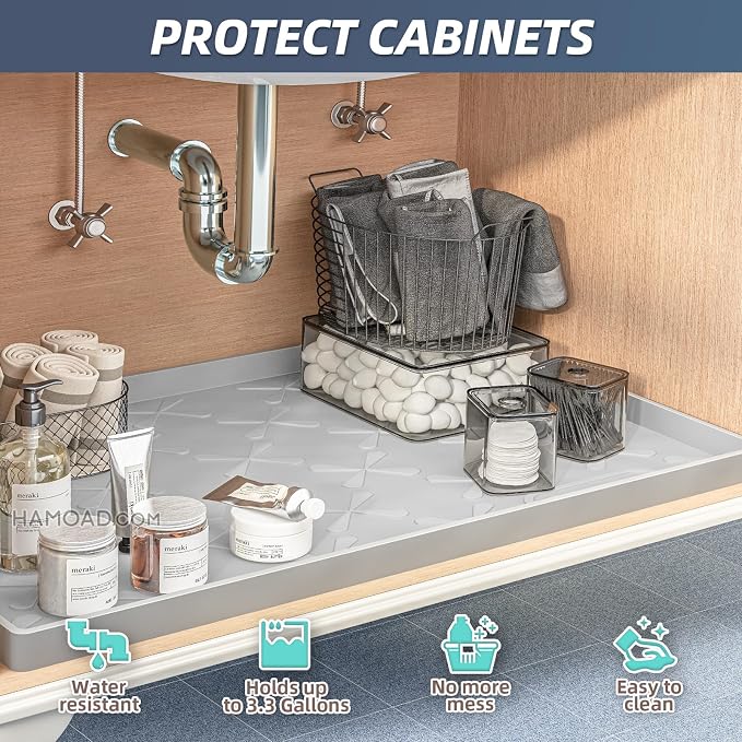 Waterproof Under Sink Mat 19" x 19" Silicone Mat Cabinet Protector | Heavy Duty Kitchen Cabinet Liner, Easy Press Drain, Home Essentials for Pet Feeding, Boots, Bathroom, Organizers & Storage