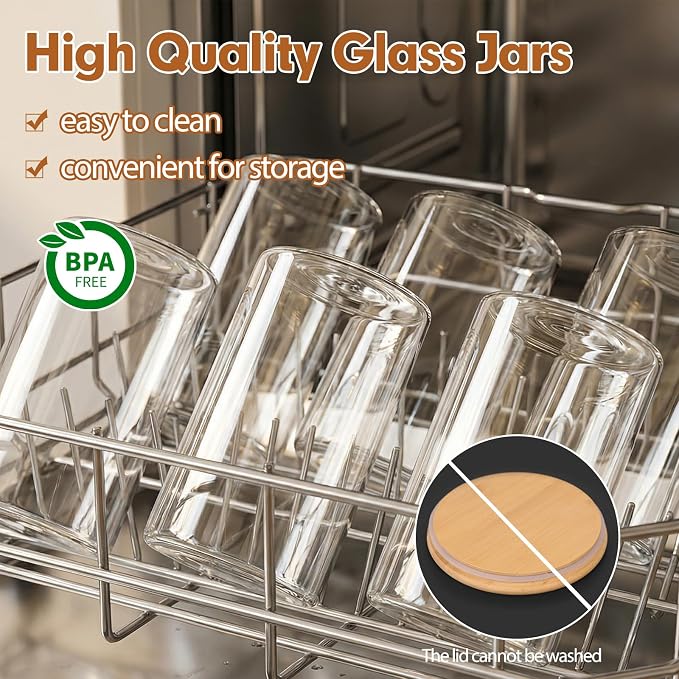 6pcs Glass Food Storage Containers with Bamboo Lids, 1qt Glass Jars | Airtight Pantry Storage Jars for Flour, Sugar, Dry Goods
