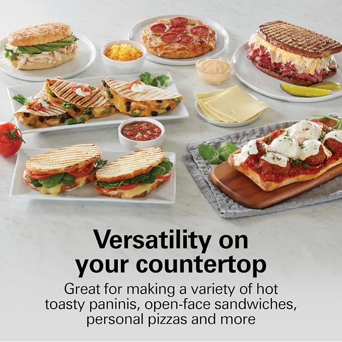 Hamilton Beach Panini Press, Sandwich Maker & Electric Indoor Grill | Floating Hinge Evenly Cooks Any Sandwich | Locking Lid | PFAS-Free Non-Stick 8" x 10" Grids | Chrome
