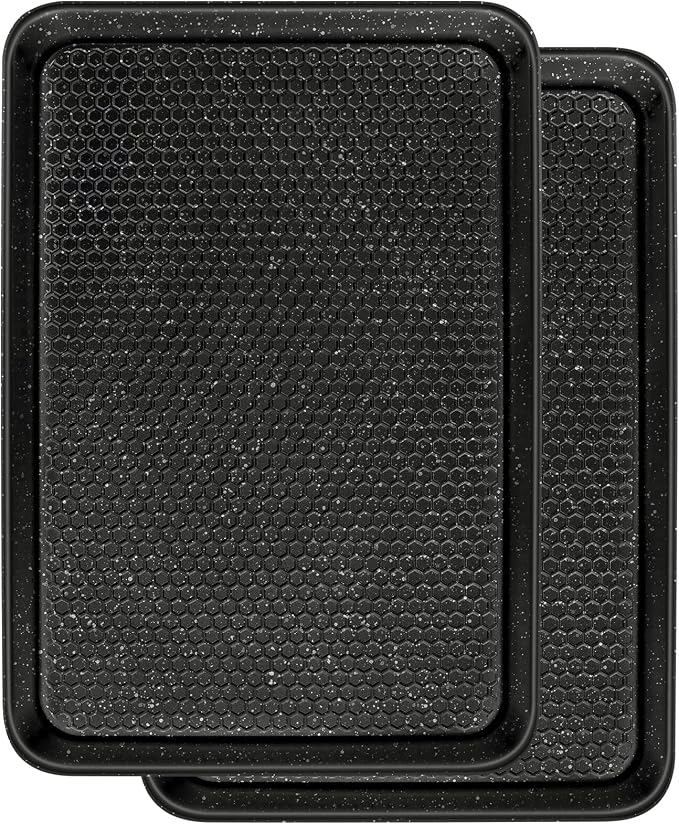 Wildone Baking Sheet Pan Set of 2, Honeycomb Embossed Nonstick Cookie Sheet | Thicker Carbon Steel Jelly Roll Pan Oven Tray 15x10 Inch, Heavy Duty & Easy Clean, Black