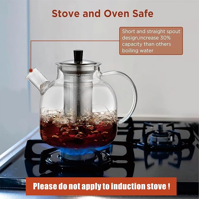 1500ml(50oz) Glass Teapot with Removable Infuser, Ehugos Stovetop Safe Large Tea Pot, Blooming and Loose Leaf Hand Crafted Kettle for Women and Adult with Stainless Infuser