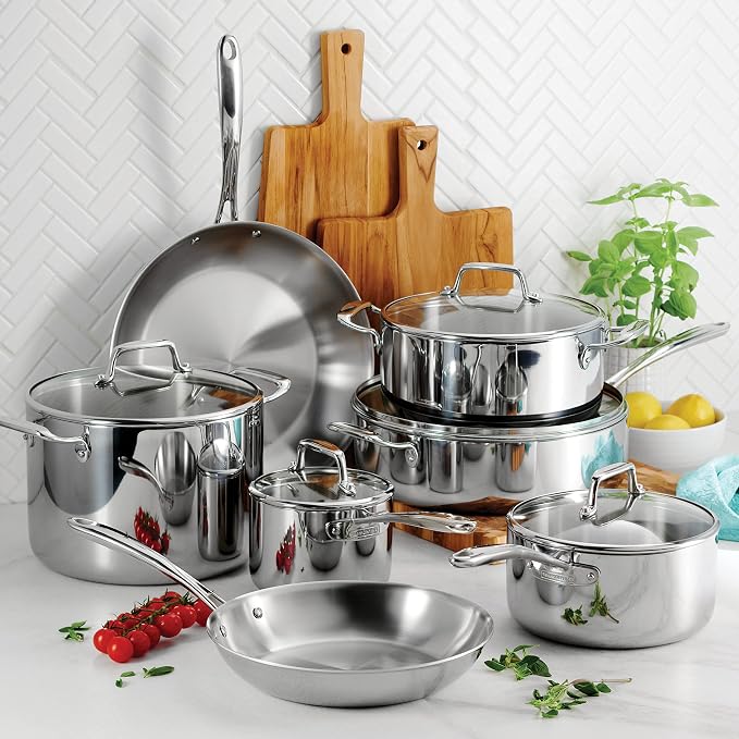 Tramontina Boston Tri-Ply Clad Stainless Steel 12-Pc Pots and Pans Set | Cookware Kitchen Set with Glass Lids, Induction-Ready, Dishwasher-Safe, NSF-Certified