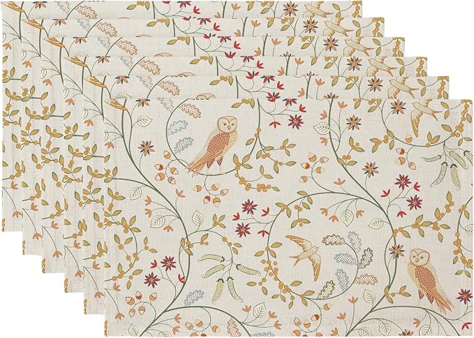 QIYI Boho Table Placemats Set of 6, 12"x18" Linen Place Mats, Forest Birds | Fabric Place Mats for Kitchen Dinning, Farmhouse Rustic Cloth Table Mats, Washable Placemat Party Table Décor