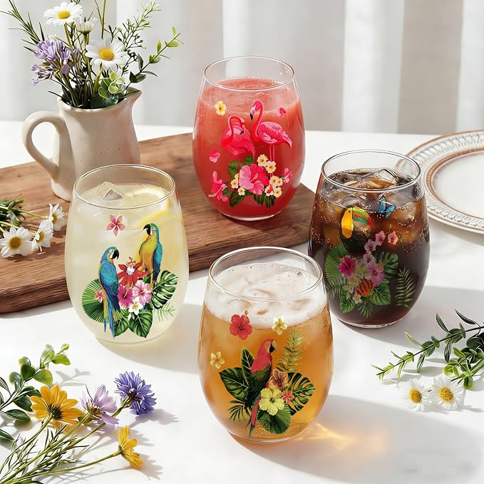 Nuogo 4 Set Summer Tropical Stemless Wine Glasses 17oz Flamingo Parrot Wine Tumblers Hawaii Colorful Flower Leaves Glass Cups Gift for Tiki Luau Party Pool Birthday