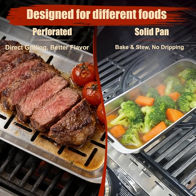 BBQ Vegetable Grill Basket Set, 4 Piece Stainless Steel Grill Pan Set with Universal Handle & lid, Dishwasher Safe, for Outdoor Cooking, Camping, Picnic, For Grilling Fish Veggies & Meats