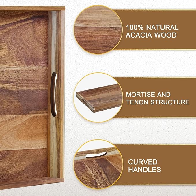 Extra Large Ottoman Tray, 32 x 18 inches Acacia Wood Serving Tray | Rectangle Wooden Decorative Tray with Handles, Oversized Coffee Table Tray, Serving Platter Tray for Living Room, Charcuterie