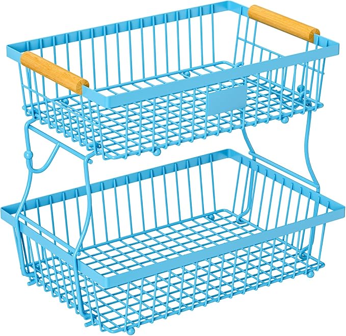 2 Tier Fruit Basket for Kitchen Counter with 2 Banana Hangers, Countertop Metal Bread Basket with Wooden Handle, Large Storage Stand for Vegetables, Snacks, Eggs, Produce Storage – Blue