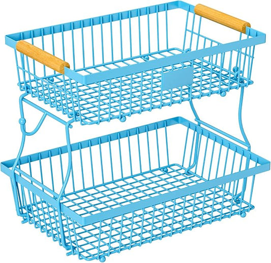 2 Tier Fruit Basket for Kitchen Counter with 2 Banana Hangers, Countertop Metal Bread Basket with Wooden Handle, Large Storage Stand for Vegetables, Snacks, Eggs, Produce Storage – Blue
