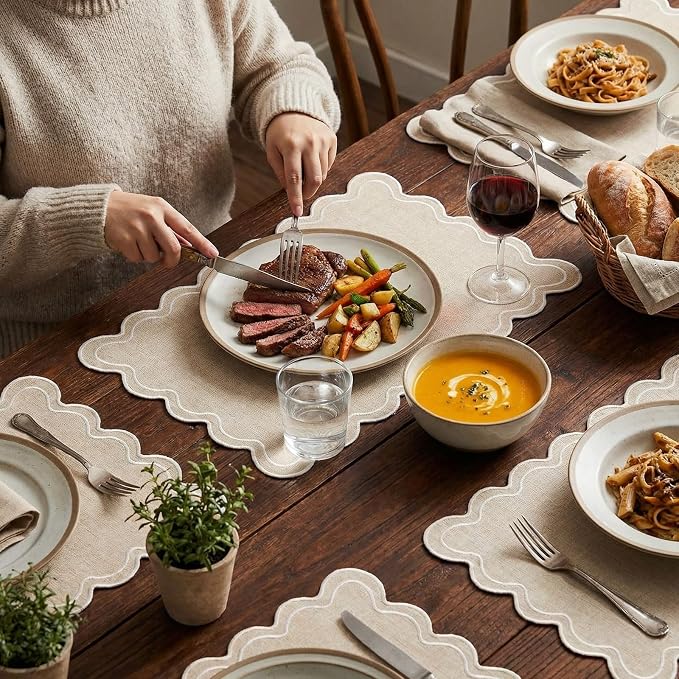 Linen Placemats Set of 12 Scalloped Placemat 13 X19 Wavy Embroidery Double Layered Washable Farmhouse Dinner Fabric Table Mat Napkin for Wedding Party Restaurant(Regular,Cream)