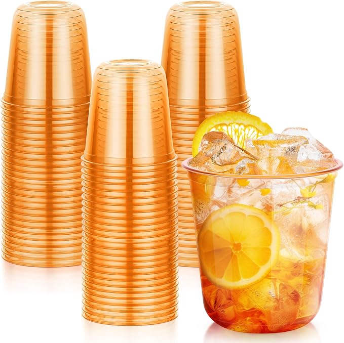 KesaPlan 100Pcs 12oz Orange Plastic Party Cup, Disposable Wine Cocktail Cup | Halloween Fall Cute Crystal Wine Stemless Glasses, Round Bottom PET Cold Drink Cups for Thanksgiving Wedding Birthday Party