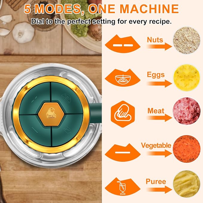 Food Processor, 5 Speed Meat Grinder with 2 Bowls(8 Cup+8 Cup), Green | 4 Bi-Level Blades Electric Food Chopper, Mini Kitchen Cutter for Vegetable Onion Garlic Meat