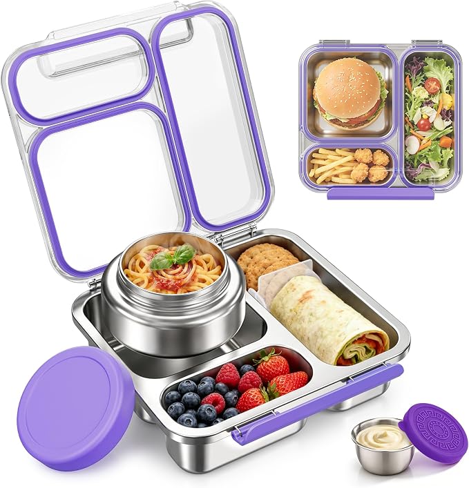 Pawtong Stainless Steel Bento Box Kids Adult with 7oz Insulated Food Jar, Transparent Lid Metal Lunch Box With Soup Thermal Jar, Lunch Box Container with Removable Divider & Sauce Cup School (Purple)