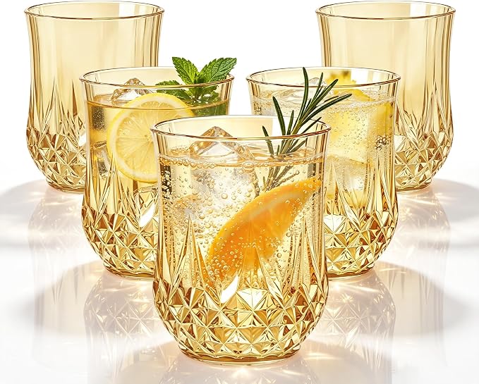 24 Pack 12 Oz Plastic Stemless Wine Glasses, Gold | Unbreakable, Reusable, Elegant Vintage Design, Fancy Cocktail Cups, Whiskey, Champagne, Wedding, Party, Bars, Holiday Events