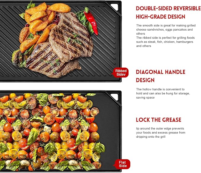 GGC Reversible Cast Iron Griddle, 16.5" x 9.5" Rectangular Griddle Pan | Double Sided Griddle Pan Perfect for Gas Grills, Stove Tops and Outdoor Cooking, Baking Flat and Ribbed Griddle Plate