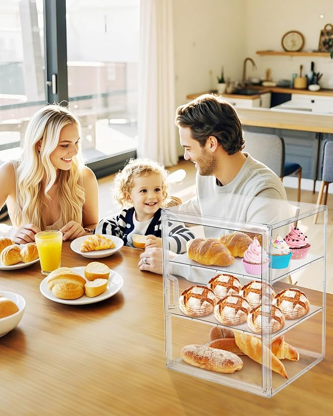 Pastry Display Case, Bread Box for Kitchen Countertop, 4-Layer Adjustable Bread Box, Large Capacity Bread Storage Container for Home-Baked Breads, Muffins, Bagel, Bread Holder - 3 Pack
