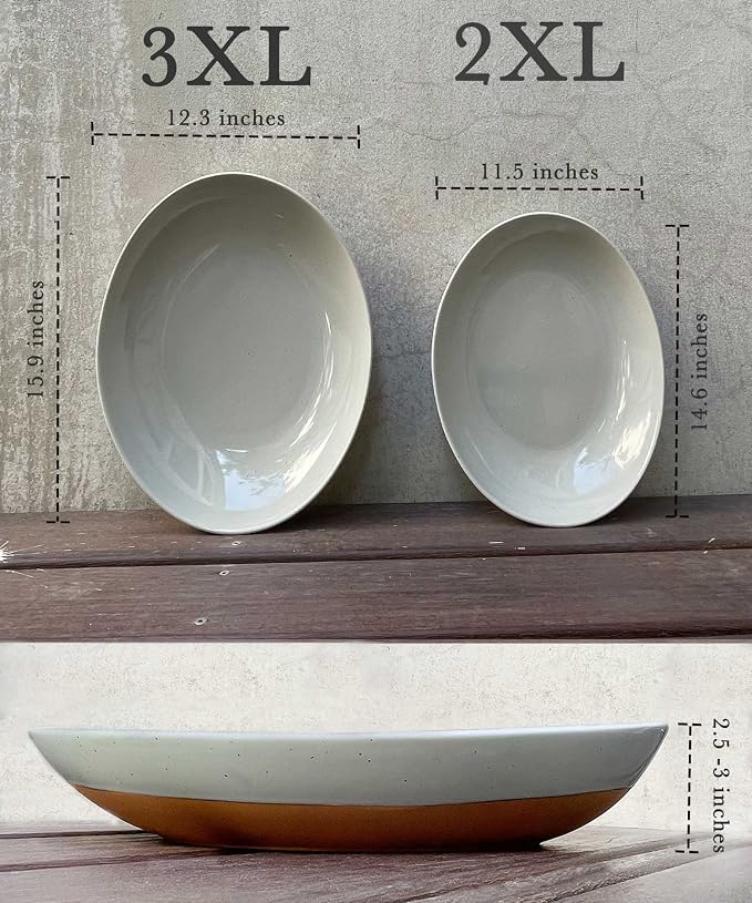 MORA Ceramic Large Serving Bowls- Set of 2 Oval Platters for Entertaining. Modern Kitchen Dishes for Dinner, Fruit, Salad, Turkey, etc. Oven and Dishwasher Safe, 110/80 oz, 16" / 14.6" - Earl Grey