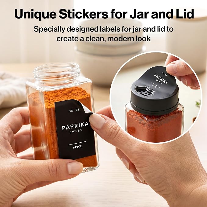 Glass Spice Jars with Labels & Black Rotating Lids – 12 Large Square Airtight Containers 6.7 oz / 200ml with Shaker Inserts, Funnel & 160 Waterproof Labels for Kitchen Pantry Organization