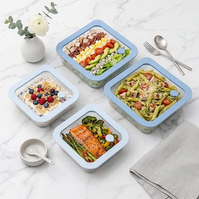 Glass Food Container Set with Silicone Glass Lid, Square Shape, 4 Pack, Airtight, LeakProof, 100% Plastic Free, Meal Prep Food Storage Containers, Blue Color