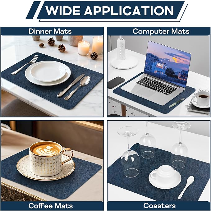 Faux Leather Placemats Set of 6 Heat Resistant Table Mats 17×12 Inch | Waterproof & Wipeable Place Mats Set of 6 Dual Sided Table Placemats for Kitchen Dining Decor Indoor Outdoor 43×30CM NavyBlue