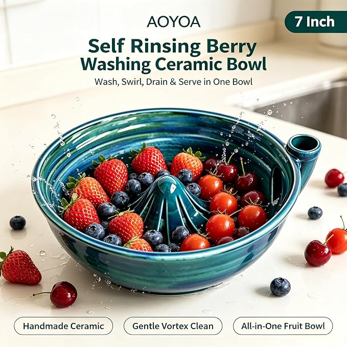 Self Spinning Ceramic Berry Washing Bowl with Drain Holes, 5.5'' Kitchen Fruit Washer Spinner Bowl with Fruit Fork and Waterproof Pad (Small-White)