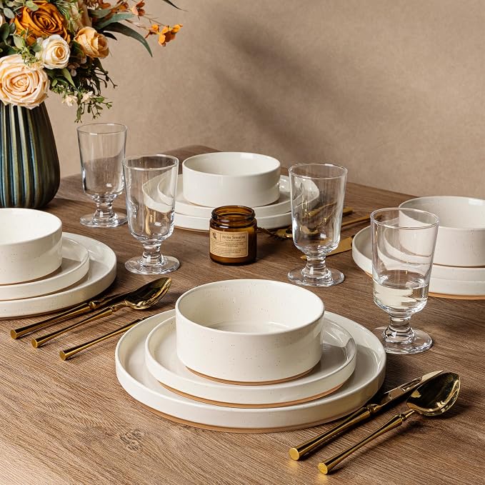 AmorArc Stoneware Dinnerware Sets for 6,18 Pcs Plates and Bowls Set | Handmade Ceramic Dish Set,Dishwasher & Microwave Safe,Scratch Resistant-Beige