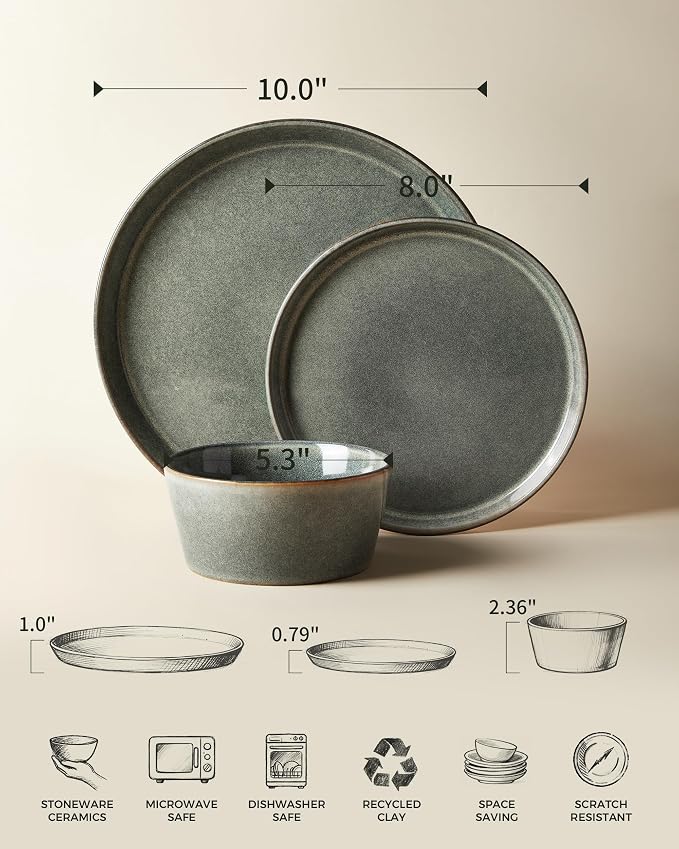 Dinnerware Sets, Microwave Safe Plates and Bowls Sets, Dishes Set for 8, Chip & Scratch Resistant Dinner Set, Handcrafted Farmhouse Dishware Sets, Green Wheat