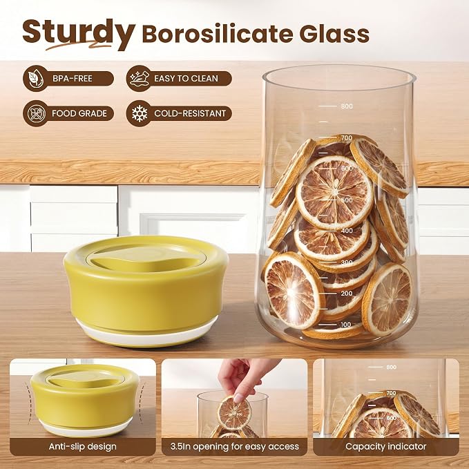 Airtight Glass Storage Jar 27 oz, Easy Open 1/4-Turn Lid Coffee Container | Easy-Open Quarter-Turn Lid, Airtight, Food Grade, Transparency, with Scale
