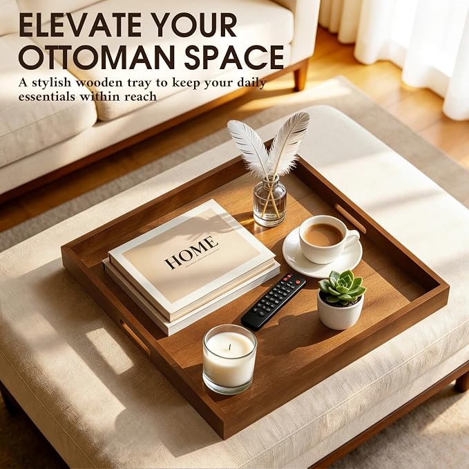 Extra Large Ottoman Tray, 24" Square Black Walnut Wood Serving Tray | Farmhouse Wooden Decorative Tray with Handles, Oversized Coffee Table Tray, Serving Platter Tray for Living Room, Countertop